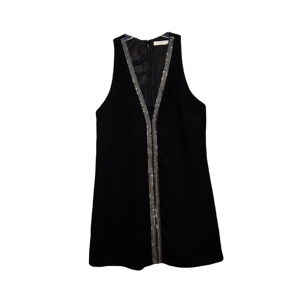 Lush Black Shift Dress Beaded Trim Sleeveless V Neck Mini Dress Women’s Medium